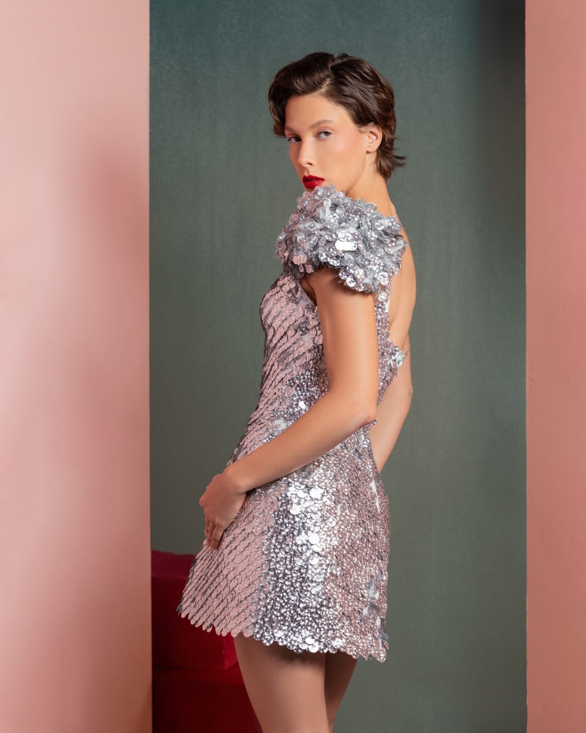One-Shoulder Silver Sequin Mini Dress
