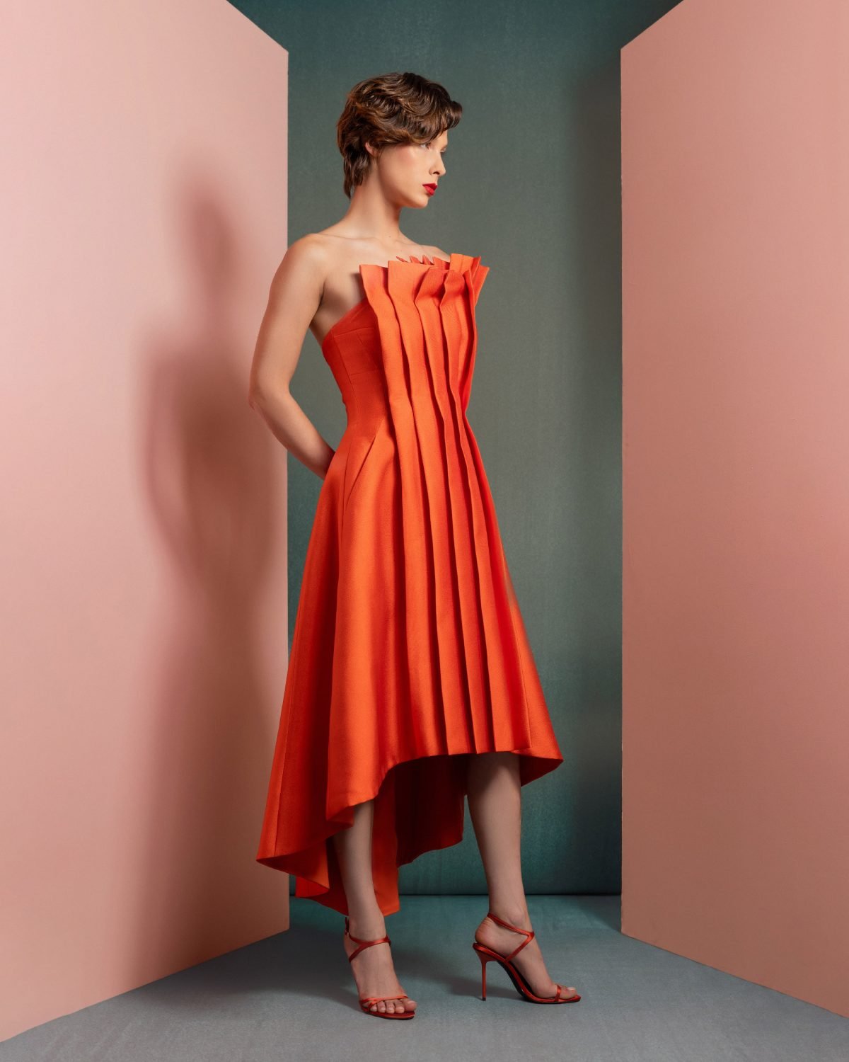 Vibrant Orange Mikado Piqué Dress with Structured Pleats