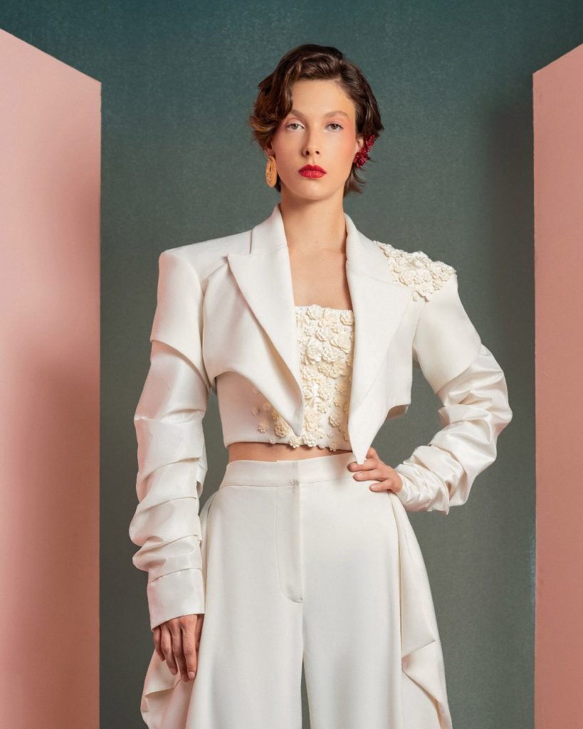 Ruched Sleeves Asymmetrical Crop Jacket with Floral Detailing 