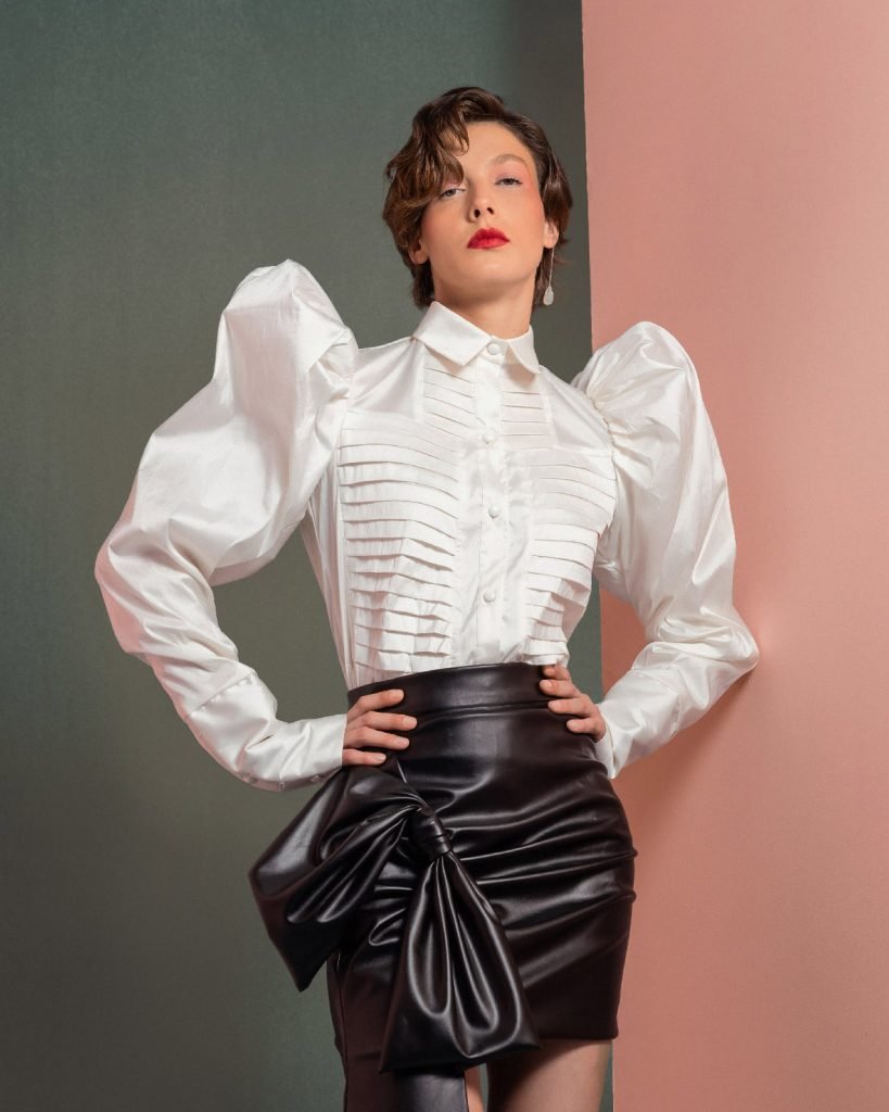 Puff-Shoulders Taffeta Blouse with Pleated Front 