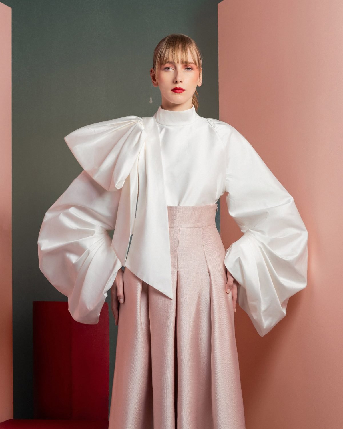 Exaggerated Sleeves White Taffeta Blouse