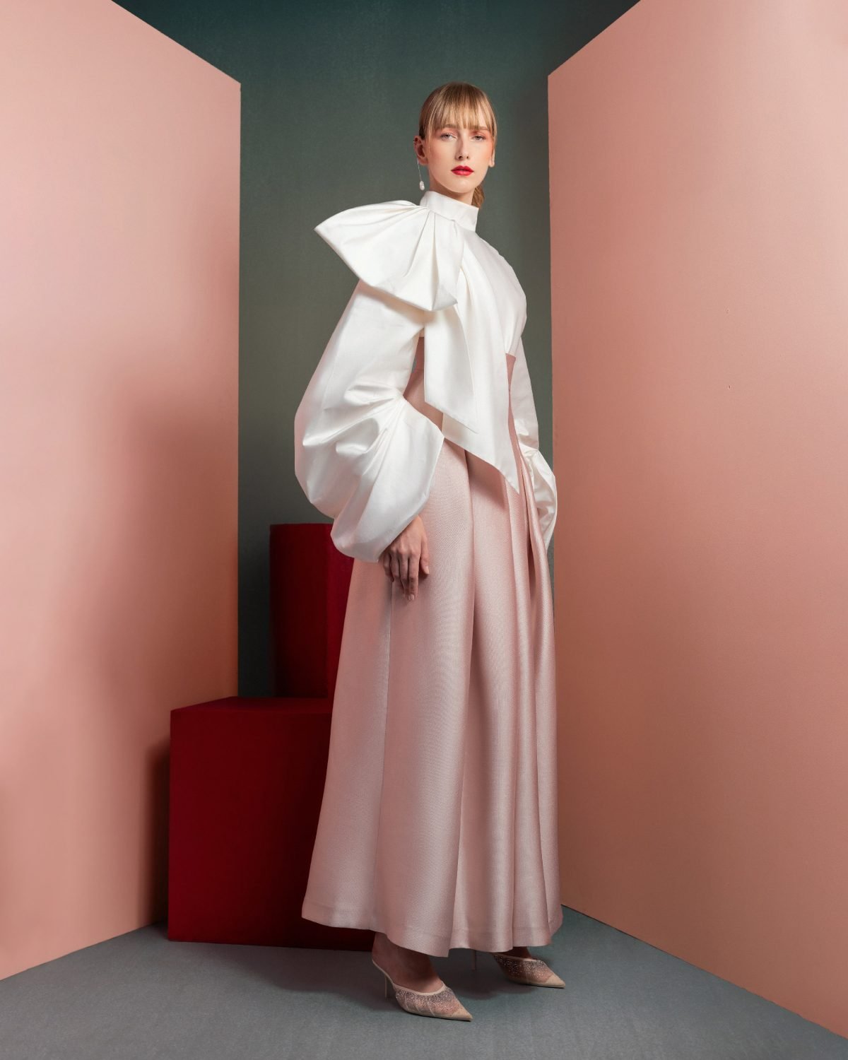 Exaggerated Sleeves White Taffeta Blouse