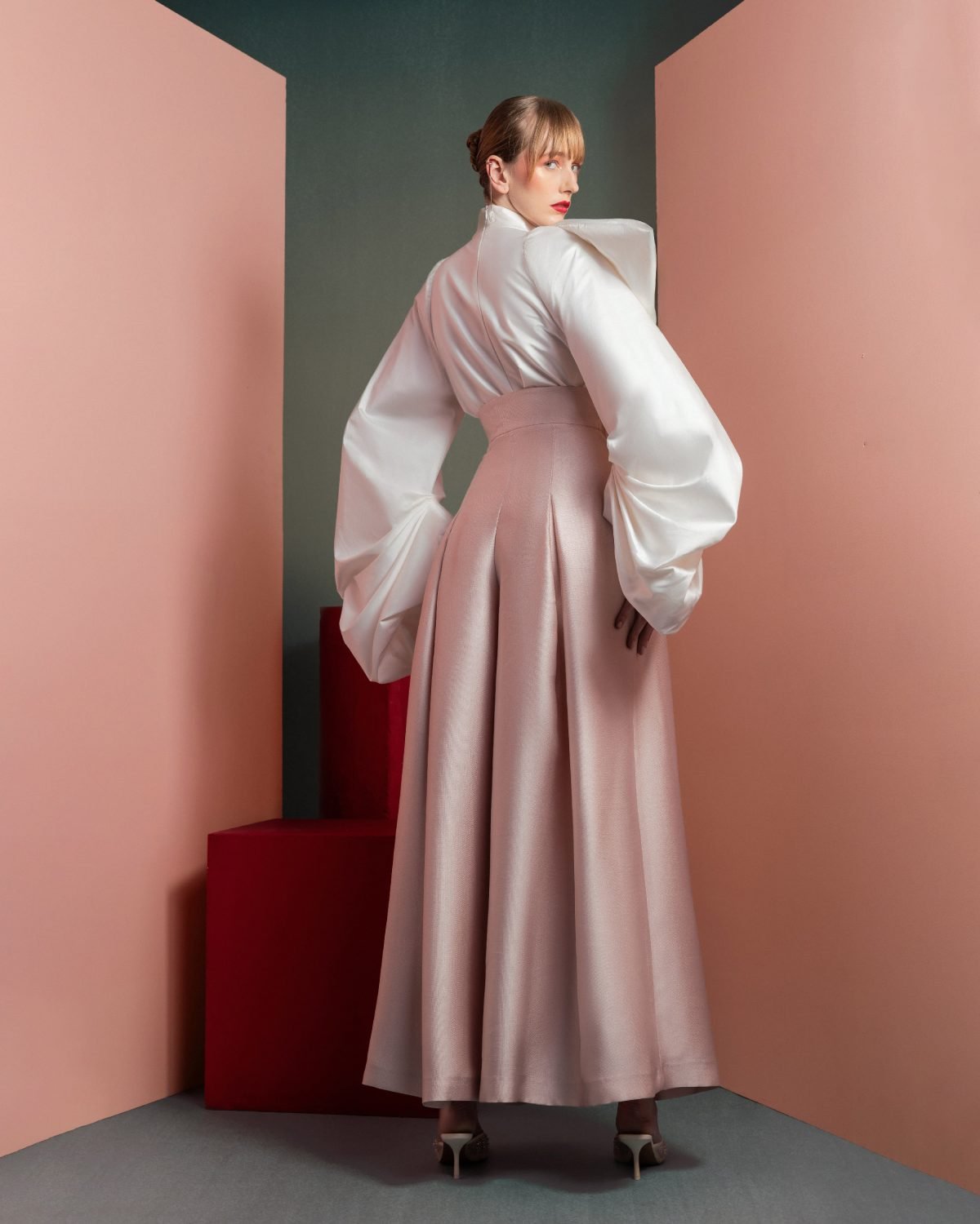 Exaggerated Sleeves White Taffeta Blouse
