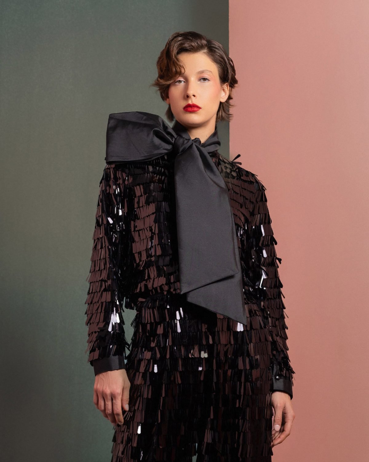 Glamorous Sequin Blouse with Oversized Bow