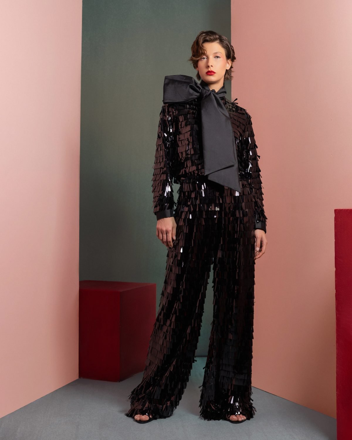 Glamorous Sequin Blouse with Oversized Bow