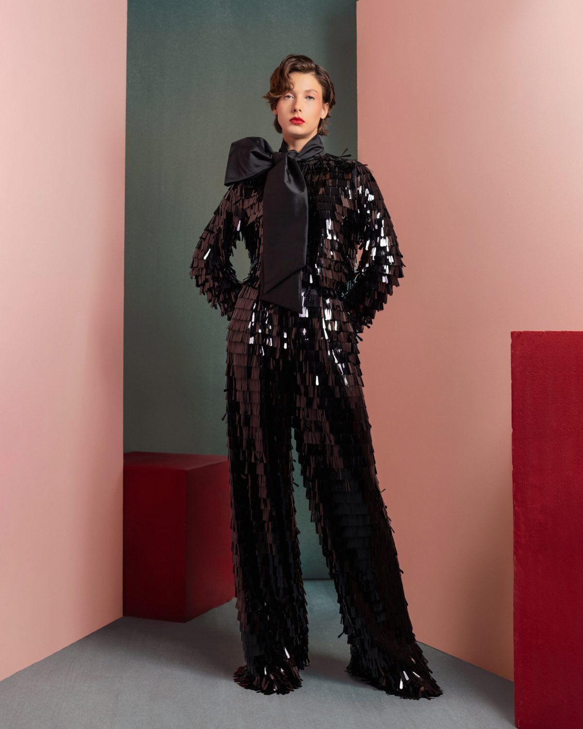 Glamorous Sequin Blouse with Oversized Bow