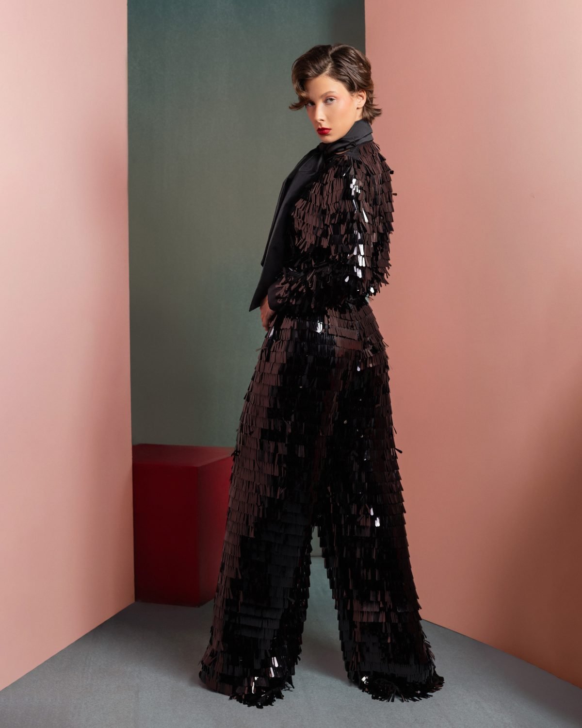 Glamorous Sequin Blouse with Oversized Bow