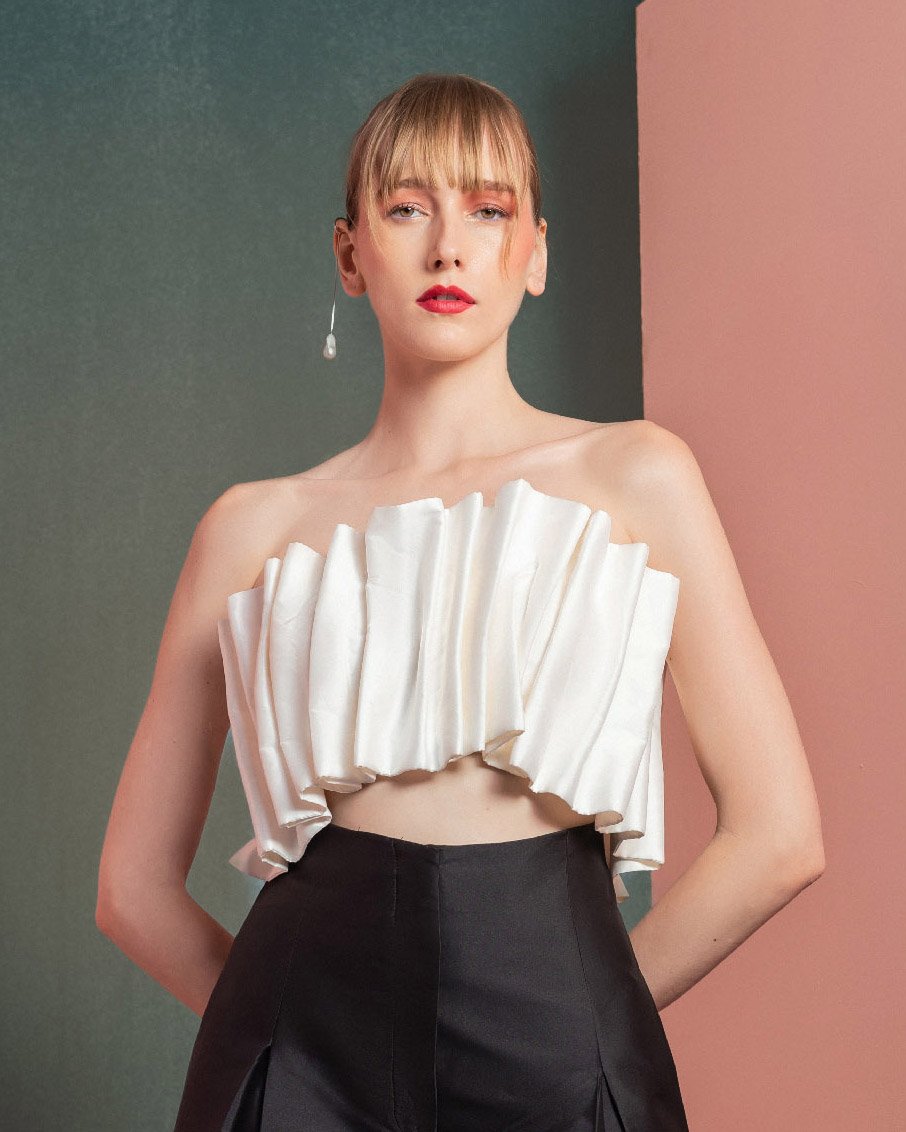 White Pleated Taffeta Crop Top