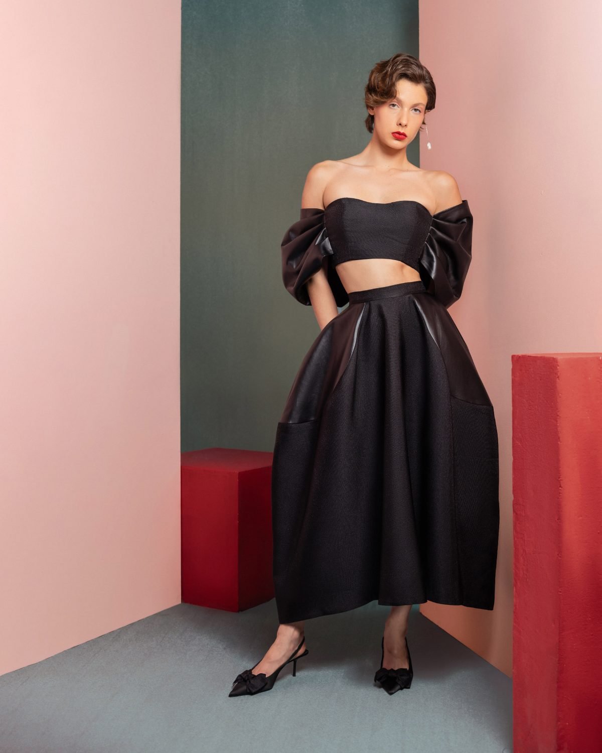Leather Off-Shoulders Black Crop Top
