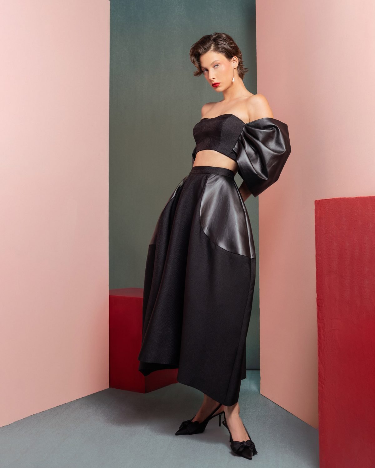 Leather Off-Shoulders Black Crop Top
