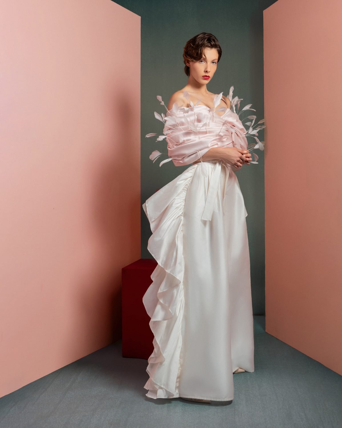 Whimsical Pink Feathered Taffeta Top