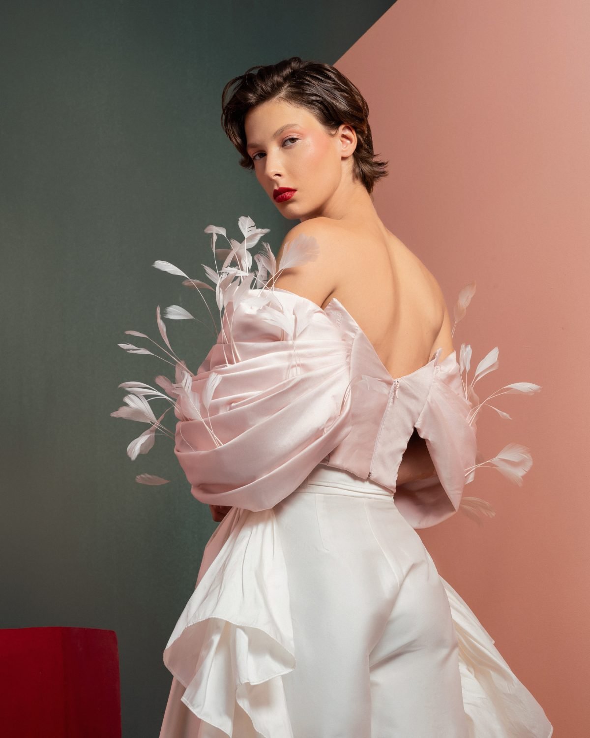 Whimsical Pink Feathered Taffeta Top