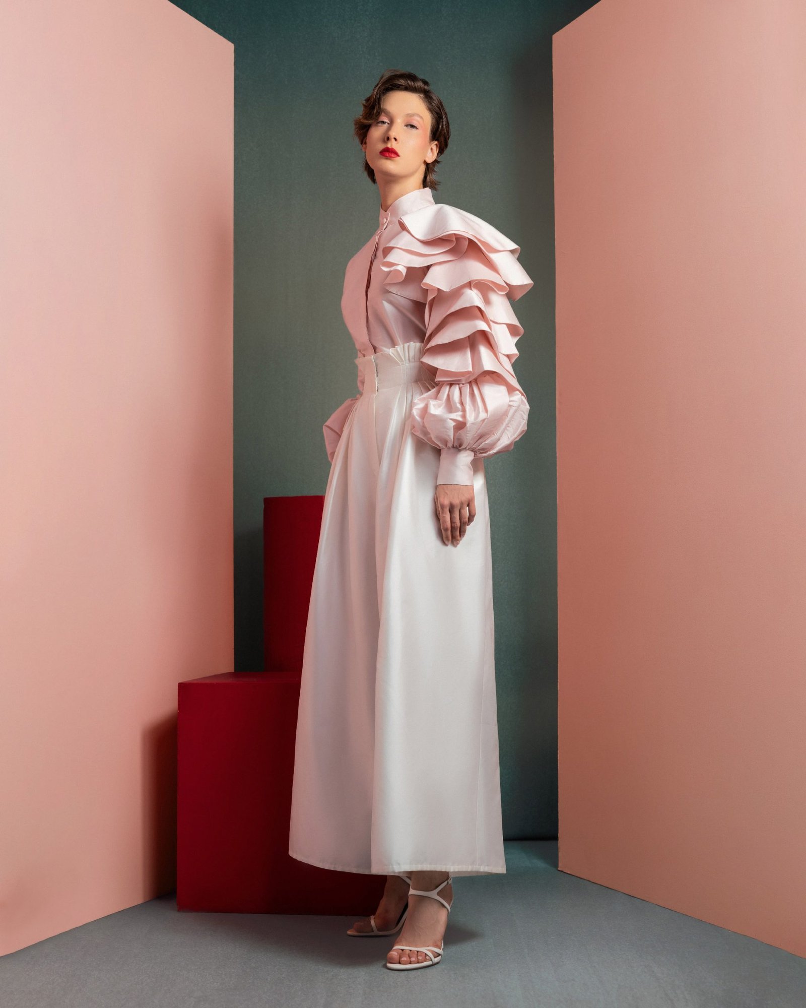Ruffled Sleeves Taffeta Blouse in Soft Pink