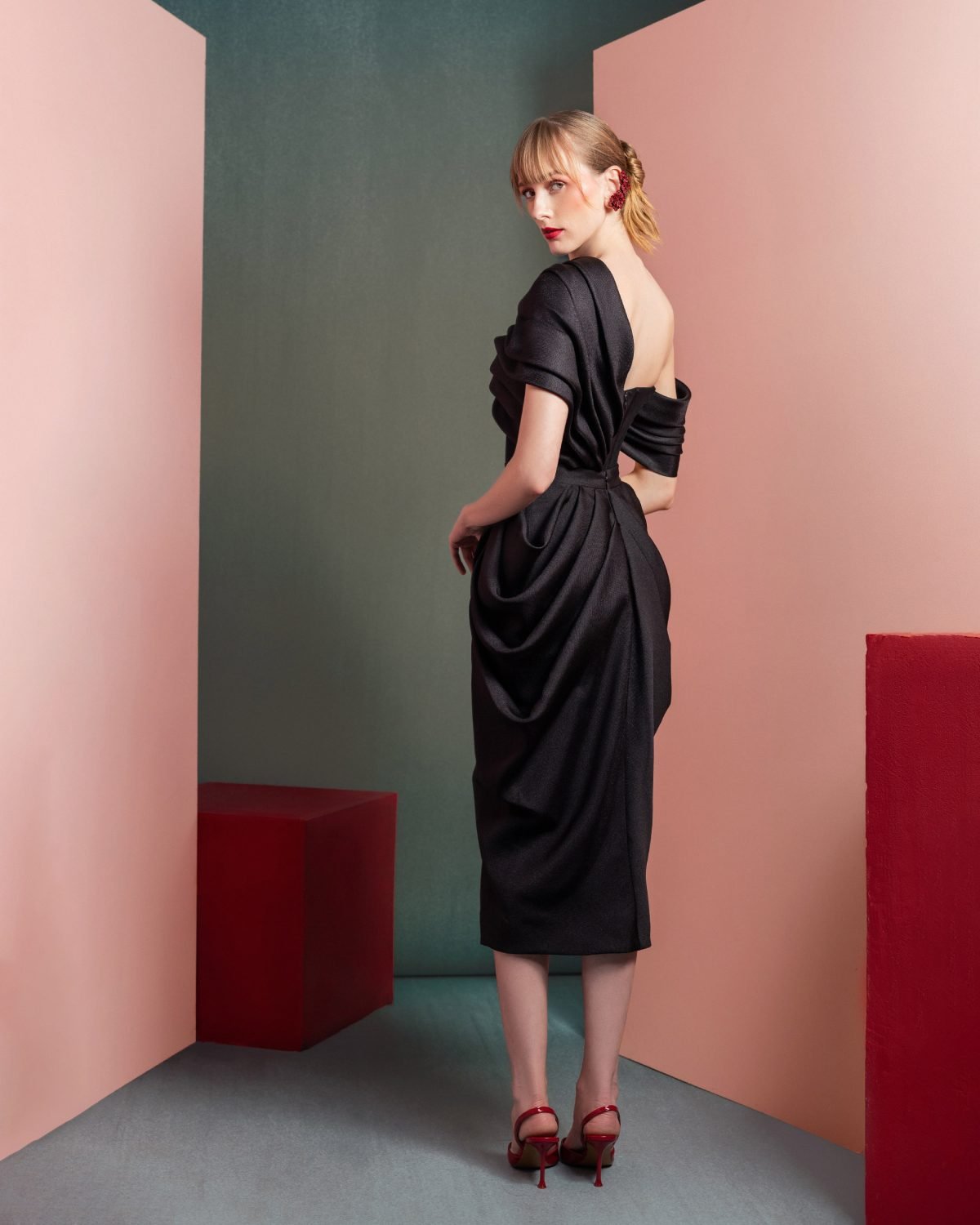 Draped One-Shoulder Mikado Piqué Top