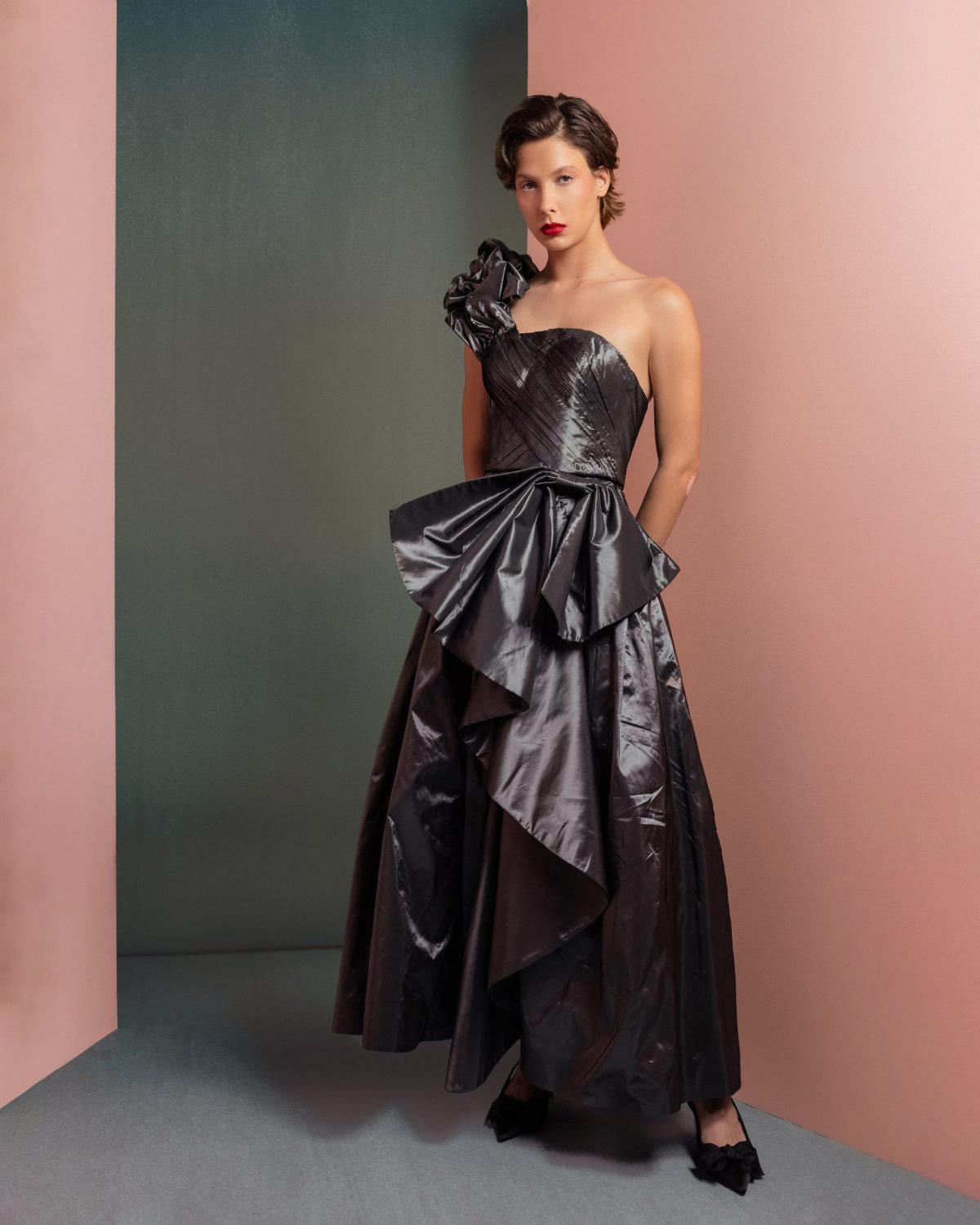 Manipulated One-Shoulder Metallic Taffeta Top