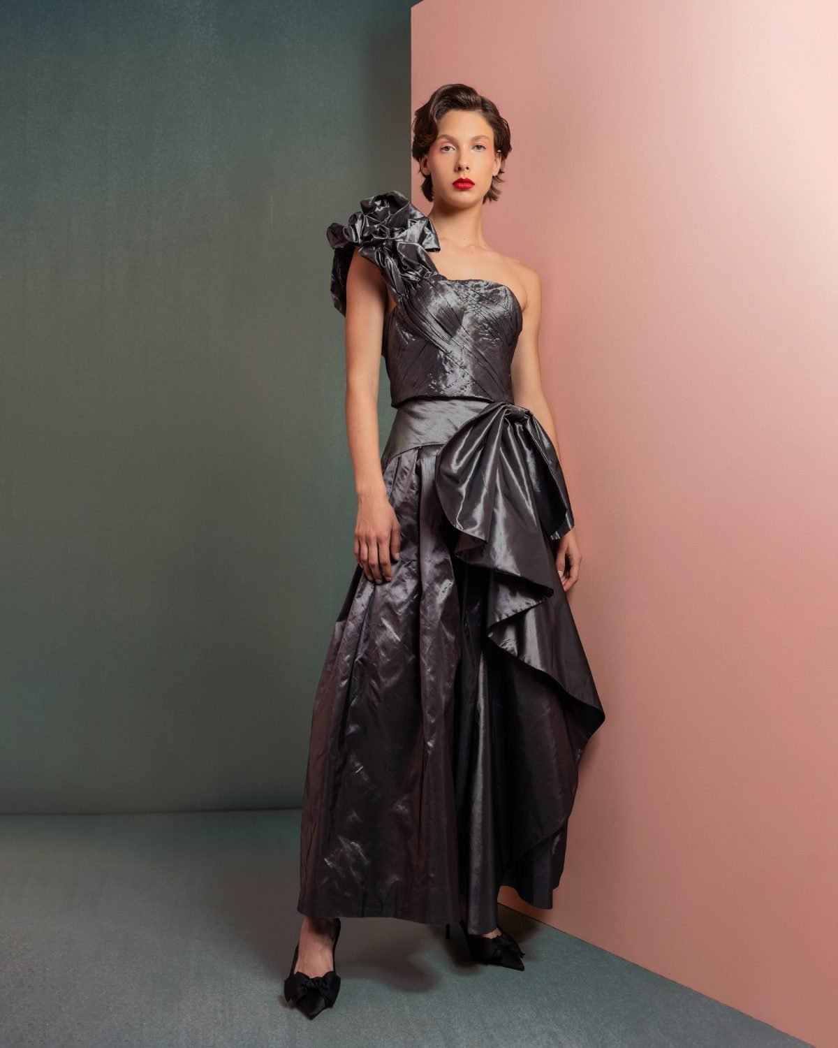 Manipulated One-Shoulder Metallic Taffeta Top