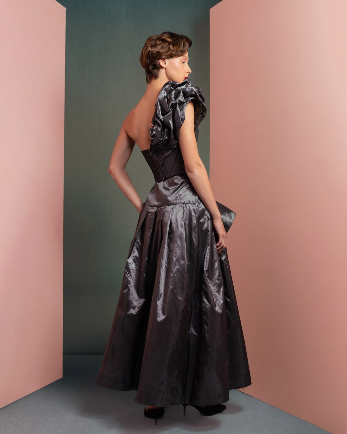 Manipulated One-Shoulder Metallic Taffeta Top