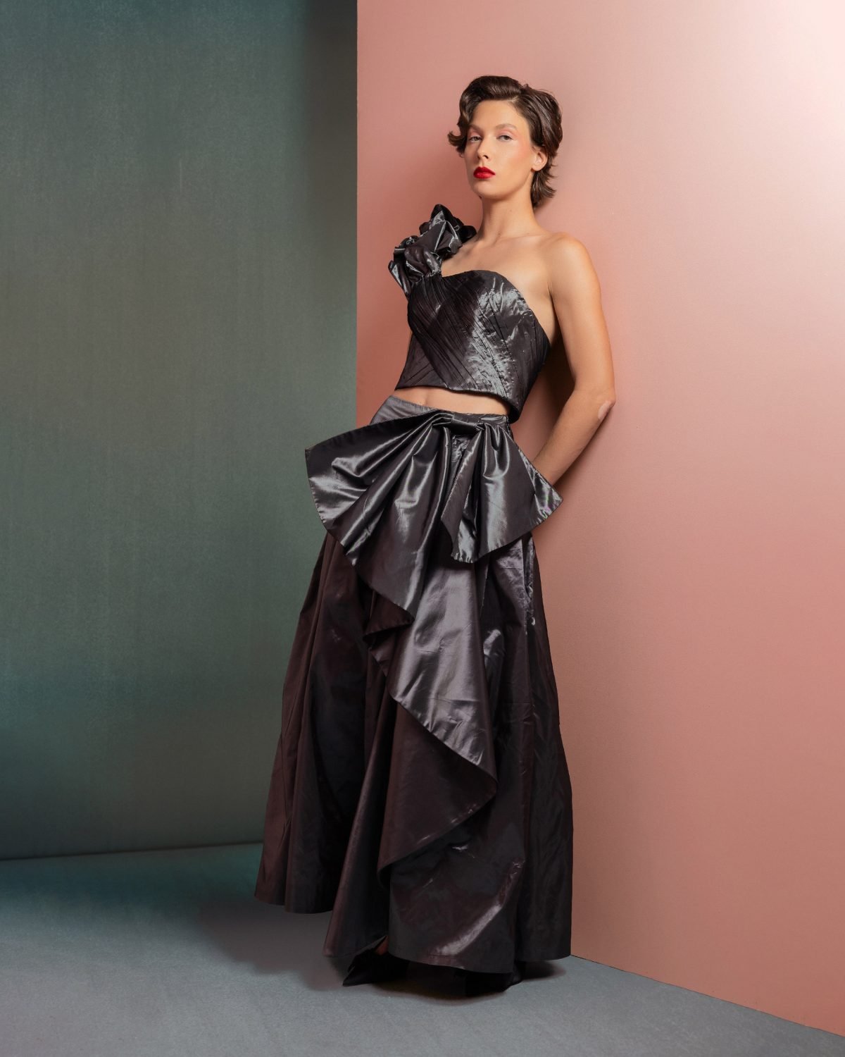 Manipulated One-Shoulder Metallic Taffeta Top
