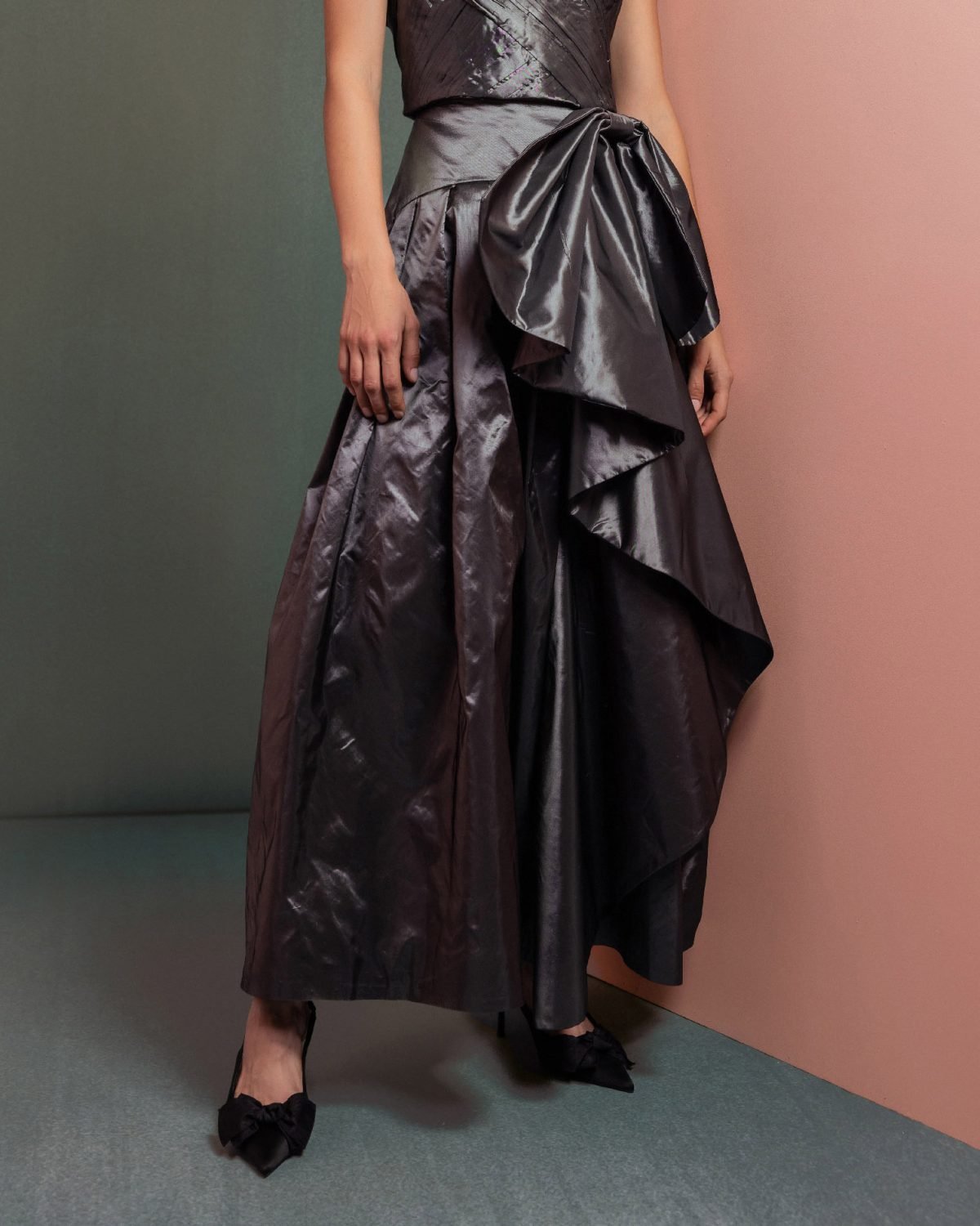 High-Waisted Metallic Taffeta Skirt