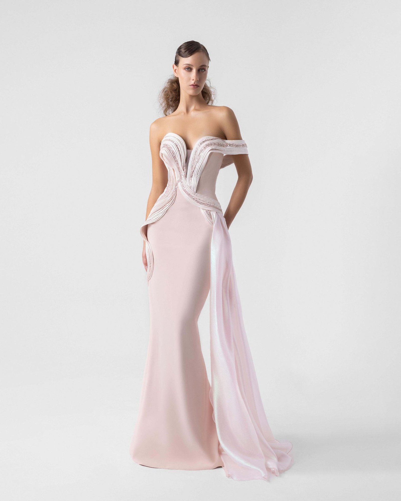 Plunging V Off-Shoulder Blush Gown with Holographic Draping