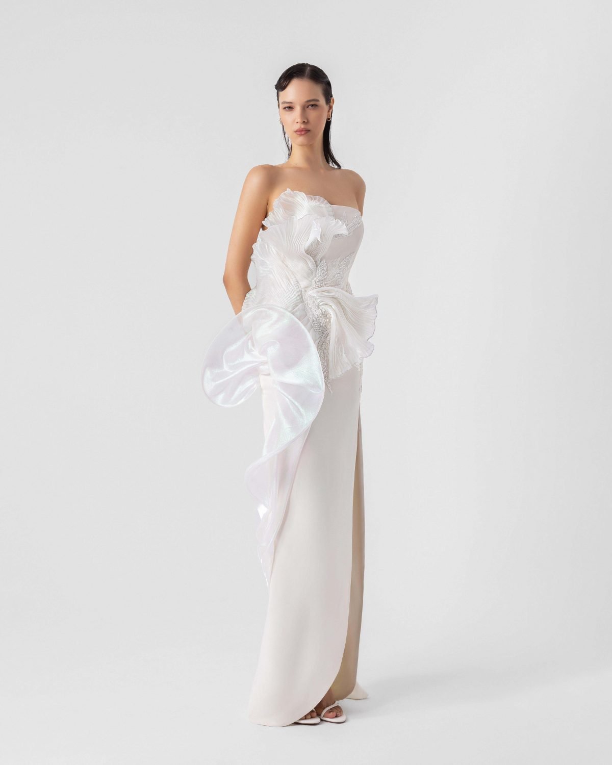 Cascading 3D Holographic Peplum Pearly Off-White Evening Dress
