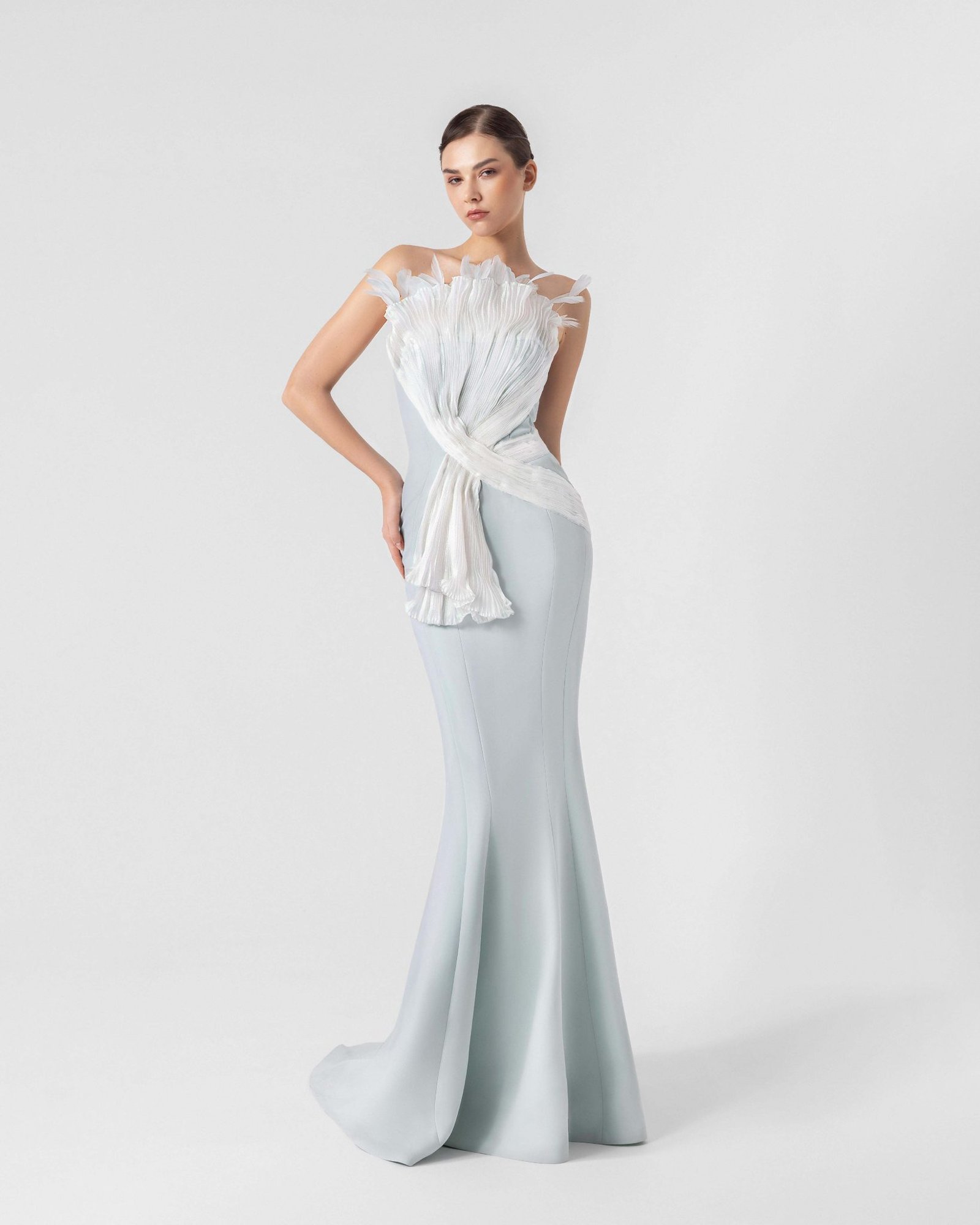 Ethereal Mint Blue Gown with Feathered Pleated Holographic Organza Accents