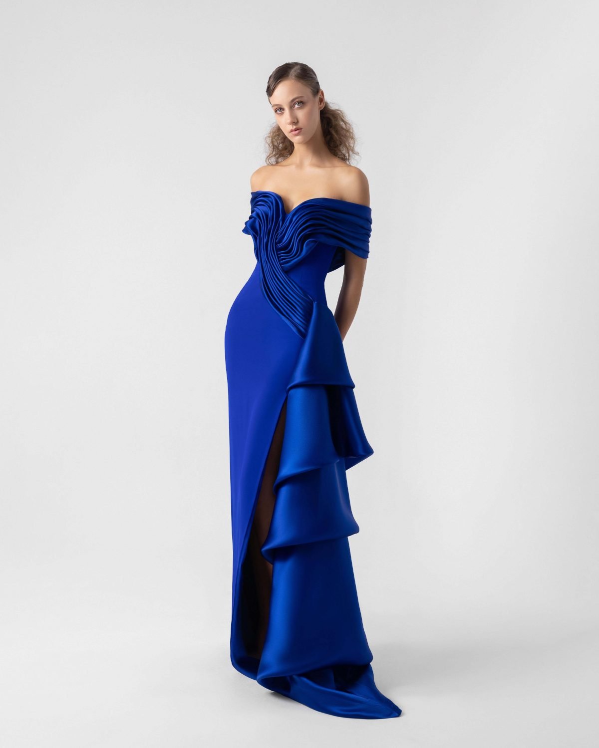 Elegant Cascading Draped Organza and Off-Shoulder Dress
