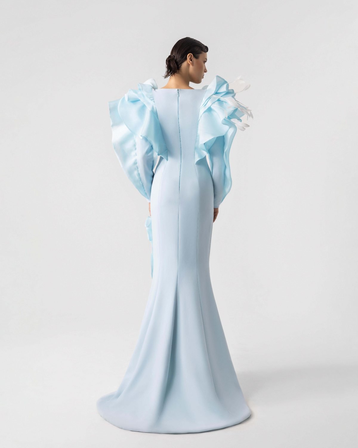 Feathered Shoulders, Ruffled Slit Blue Evening Dress