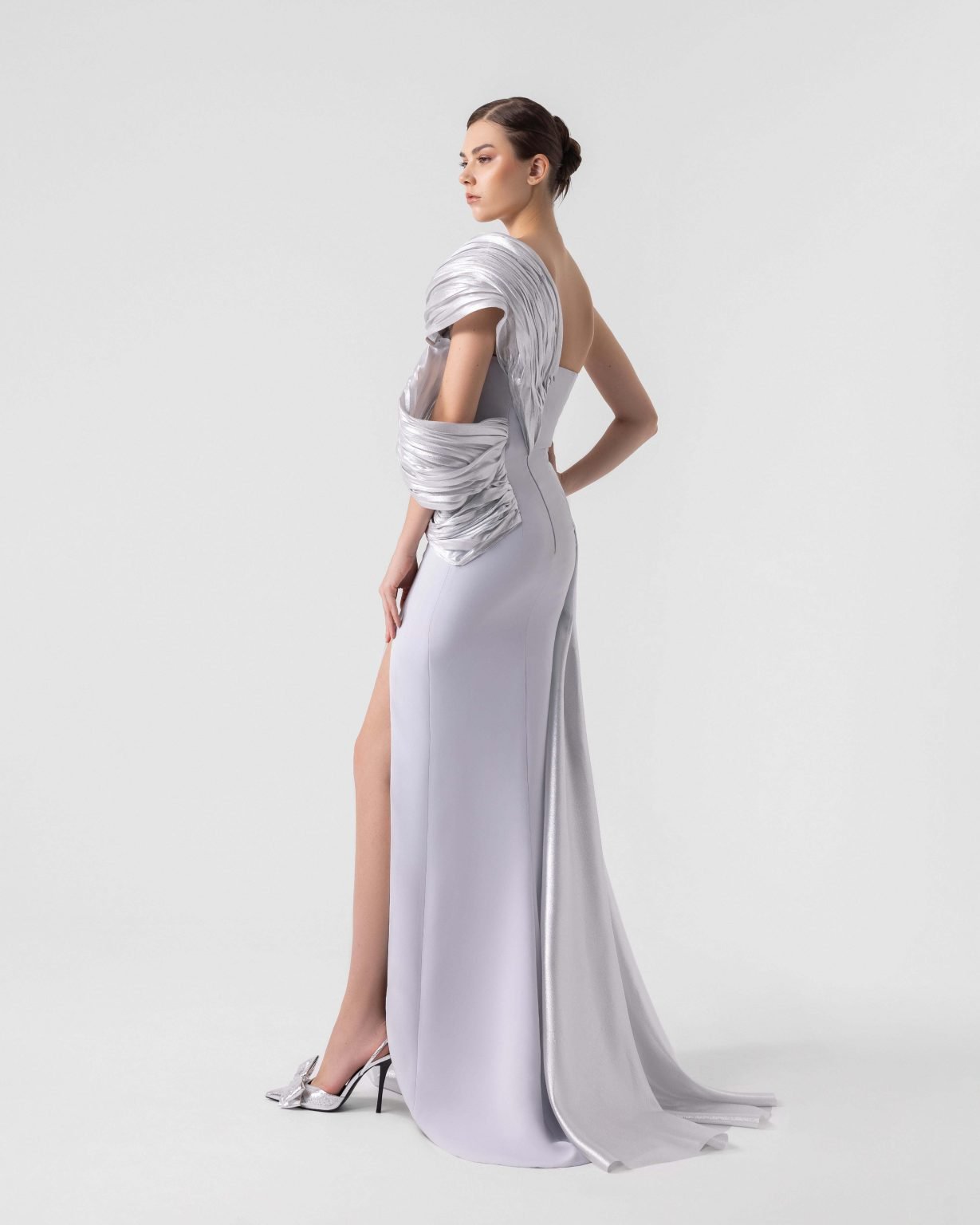 Luxurious Silver Lame Organza Off-Shoulder Gown