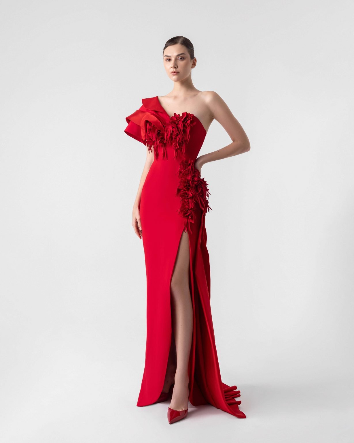 Romantic Red Gown with Laser-Cut 3D Appliqué