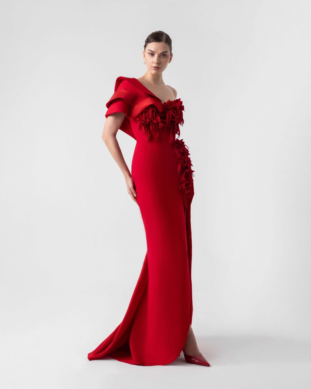 Romantic Red Gown with Laser-Cut 3D Appliqué