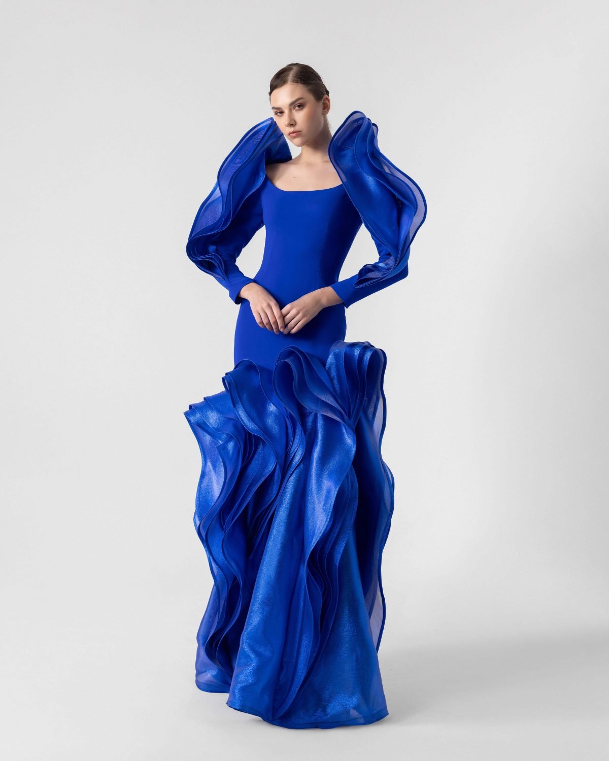 Voluminous Shimmering ruffles Gown with Sculptural Sleeves