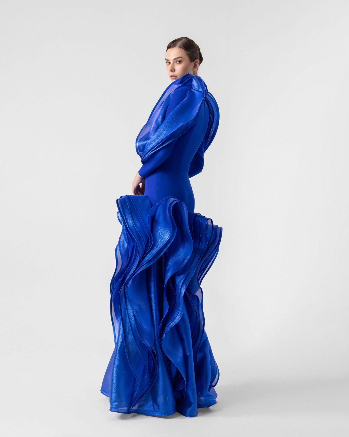 Voluminous Shimmering ruffles Gown with Sculptural Sleeves