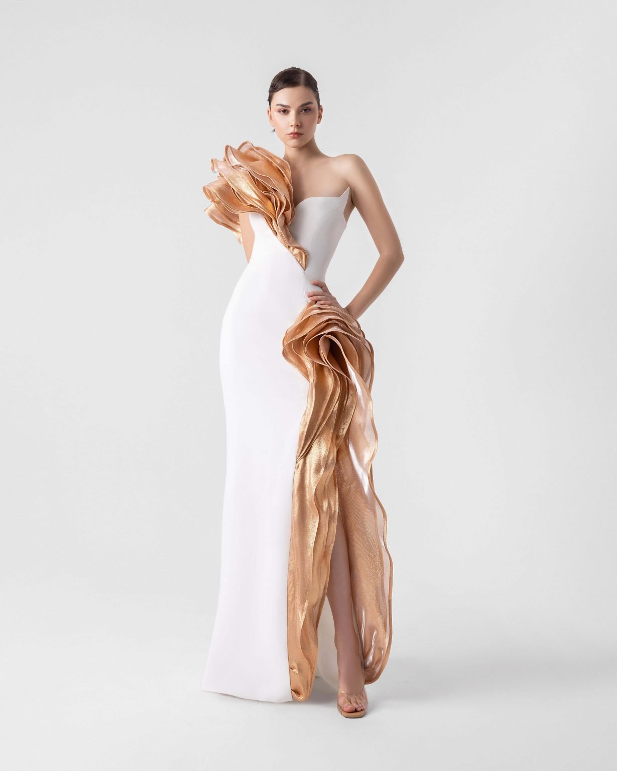Bronze Cascade Angled  Bust Gown