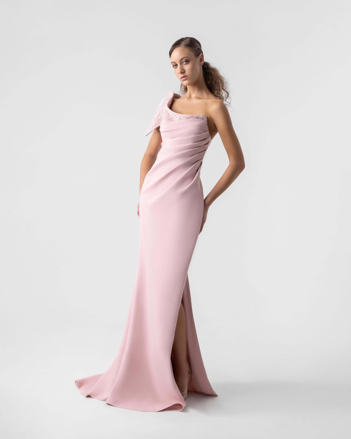 Sophisticated Embellished One-Shoulder Cap Sleeve Pink Gown