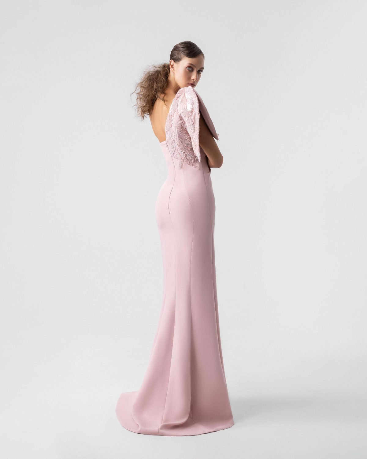 Sophisticated Embellished One-Shoulder Cap Sleeve Pink Gown
