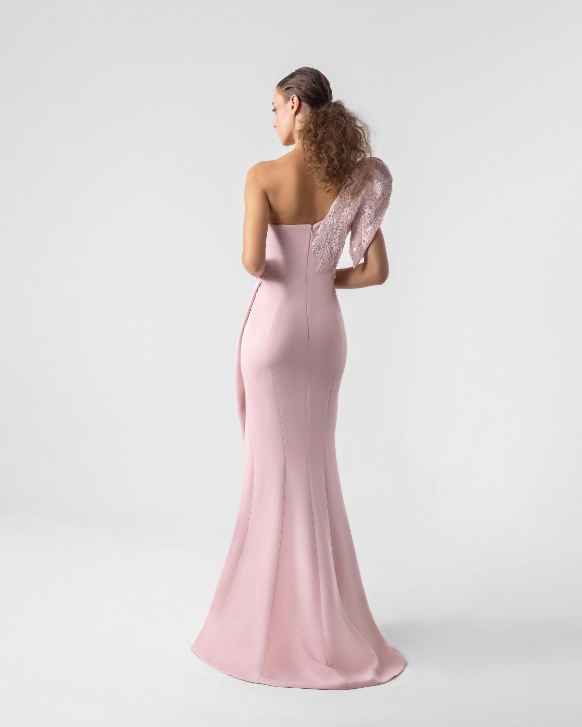 Sophisticated Embellished One-Shoulder Cap Sleeve Pink Gown
