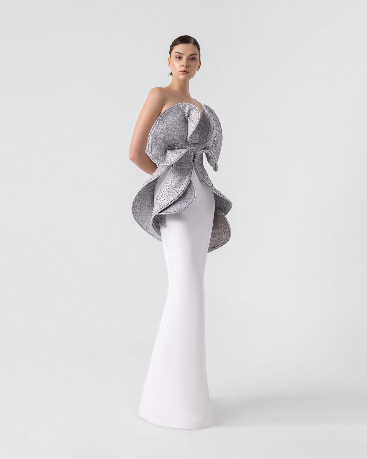 Sculptural Crystal Coated Diagonal Slit Gown
