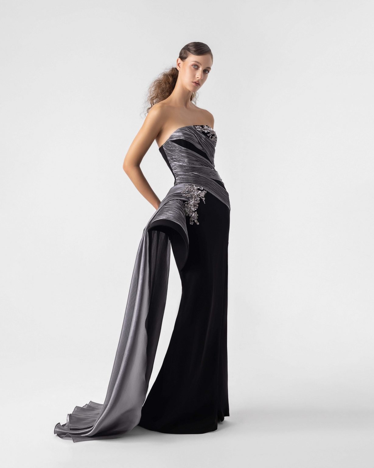 Prestigious Silver Ribbed Black Gown with Embellished detailing