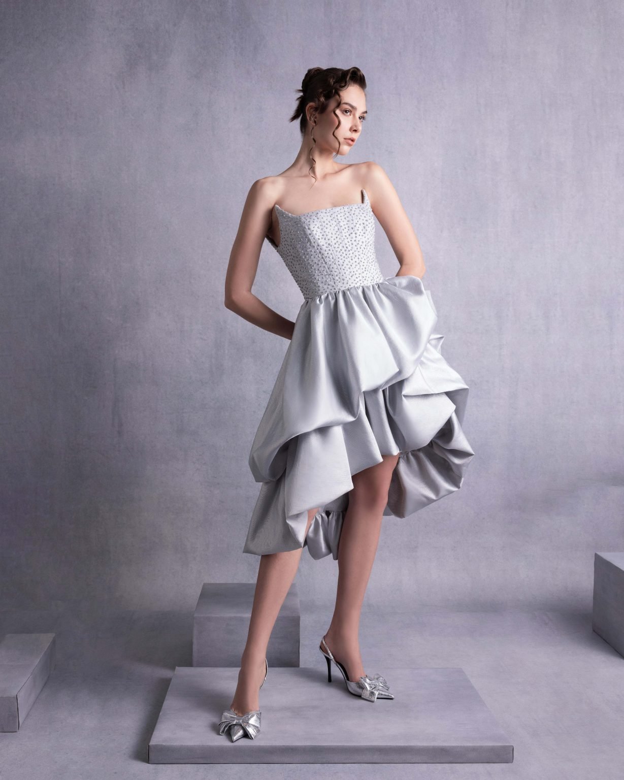 Silver Embroidered Angled Bust Mikado Piqué Dress