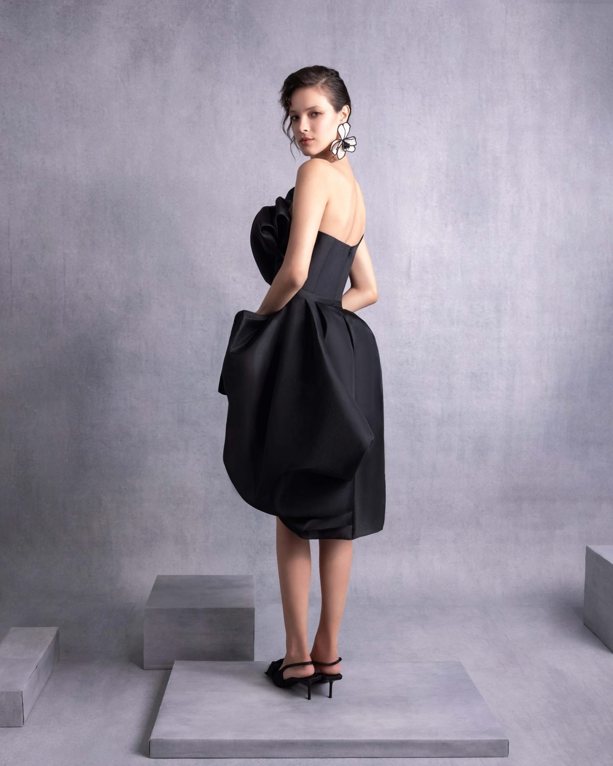 Cinched Waist Black Organza Cocktail Dress