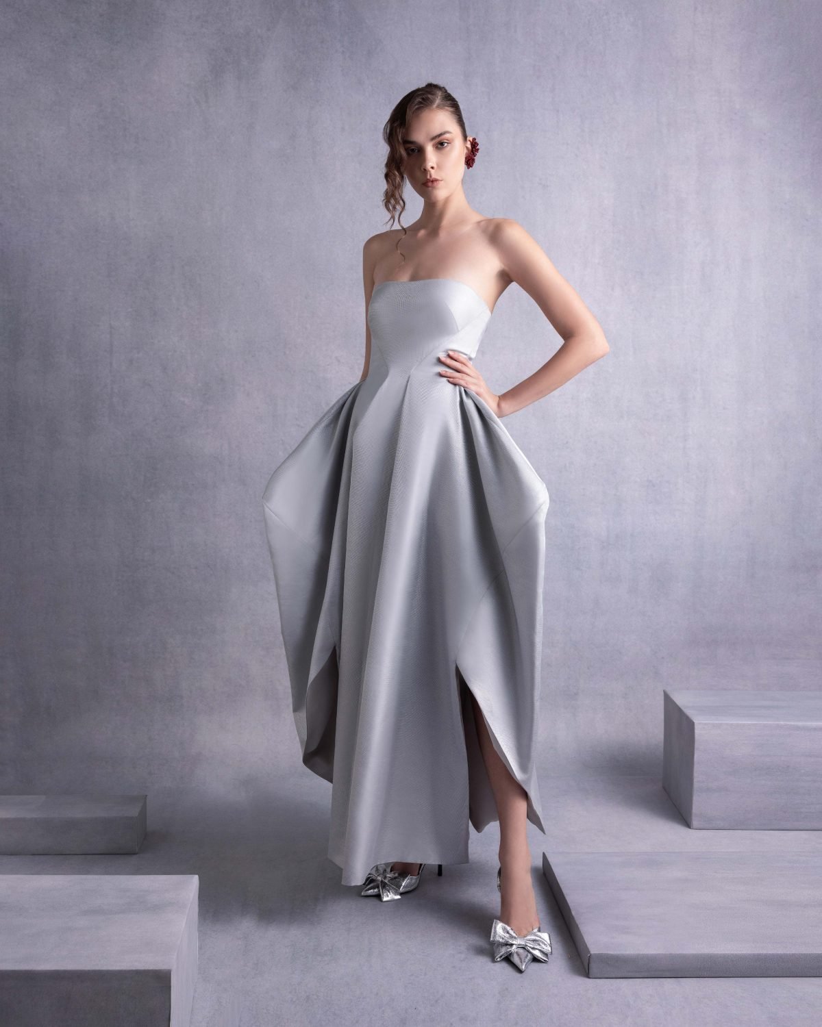 Elegant Silver Mikado Piqué Strapless Dress