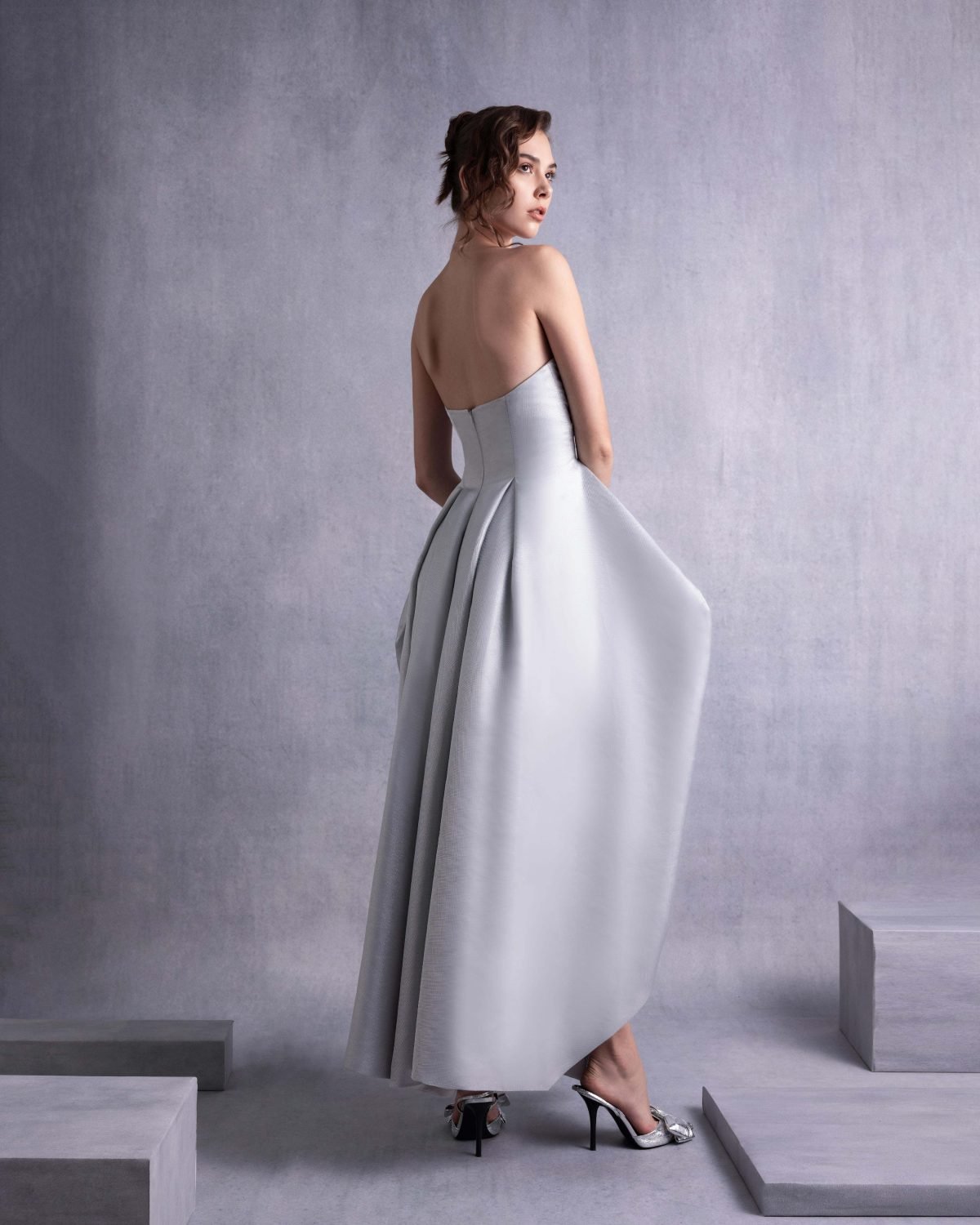 Elegant Silver Mikado Piqué Strapless Dress