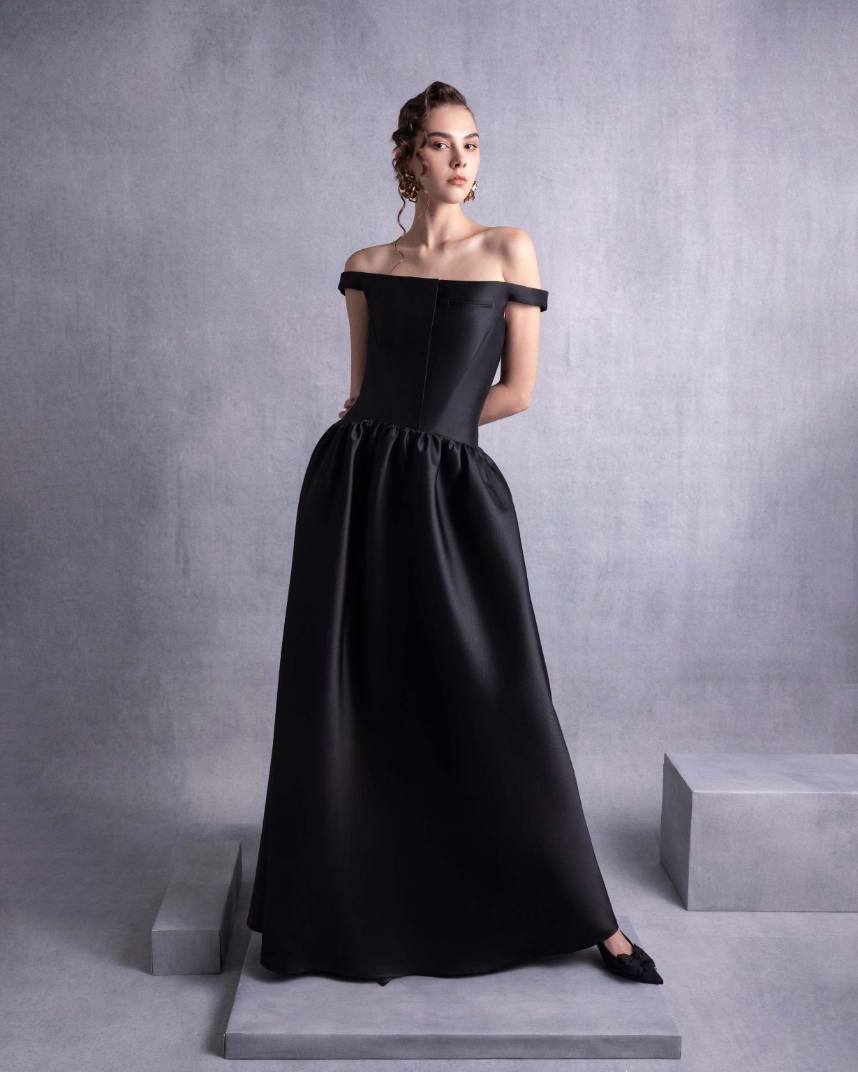 Elegant Thin Off-Shoulder Black Mikado Piqué Dress