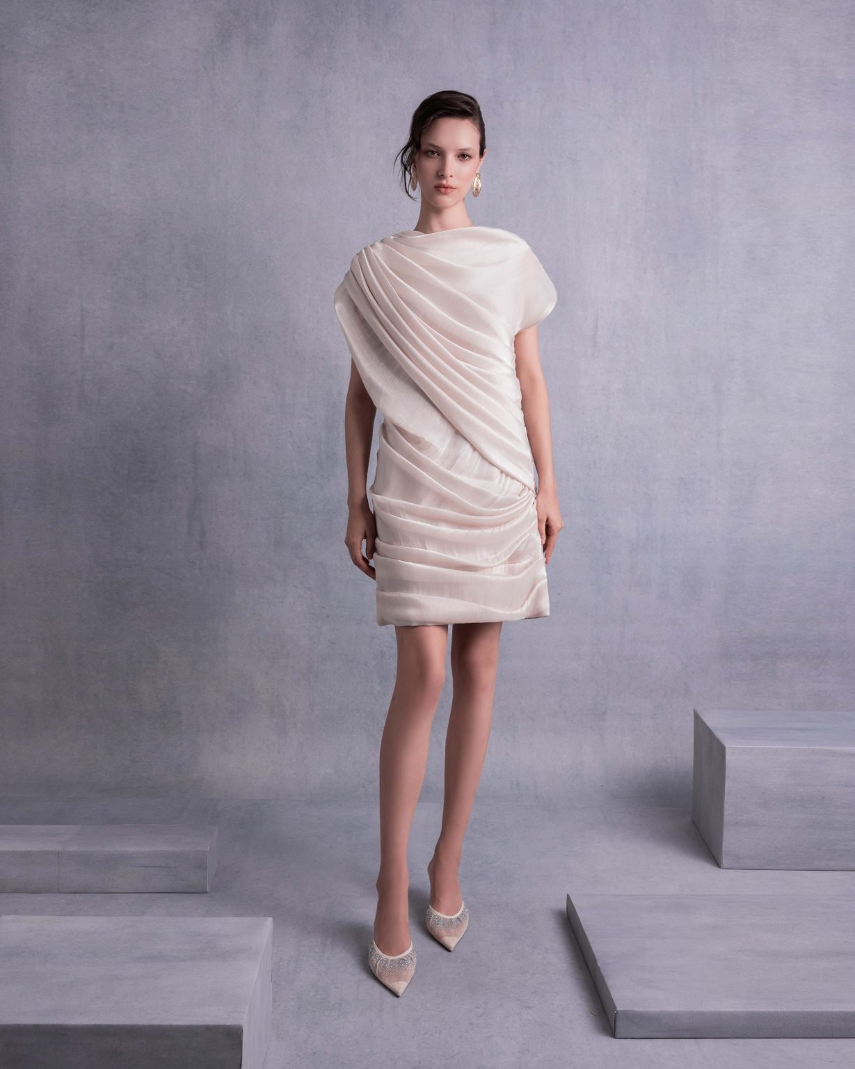 Draped Open Back Lamé Georgette Dress