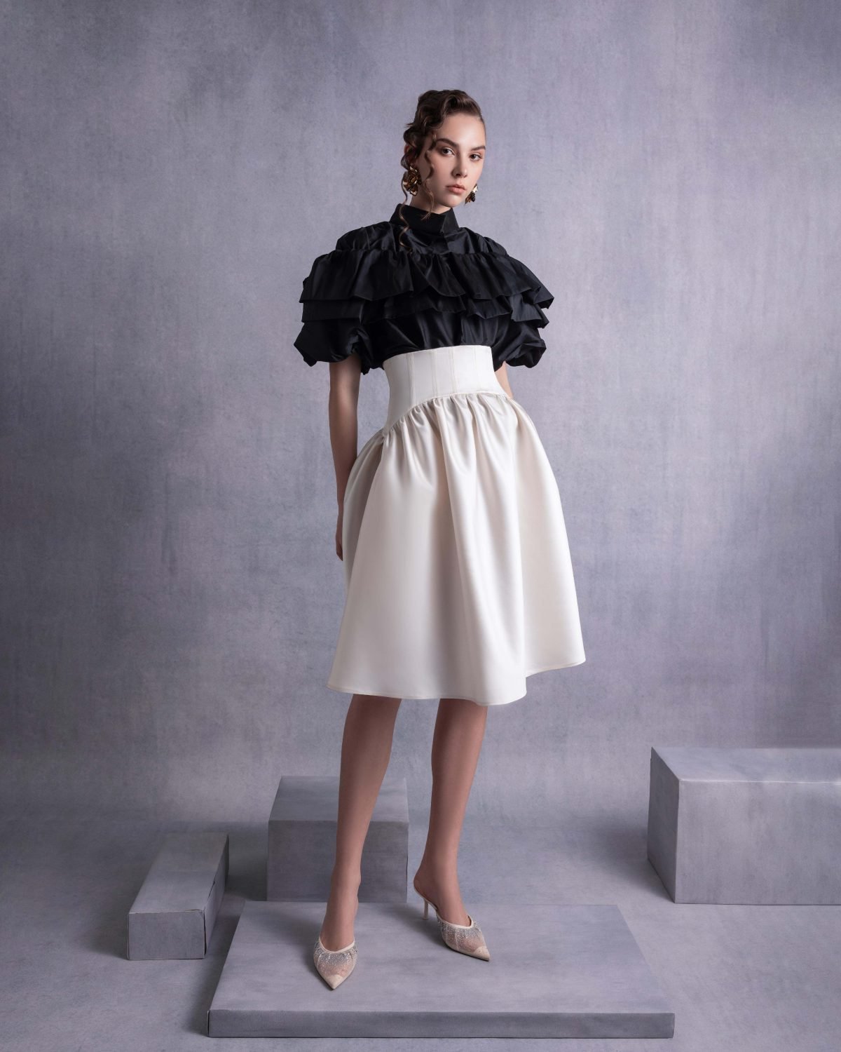 Cascading Ruffles Black Taffeta Top