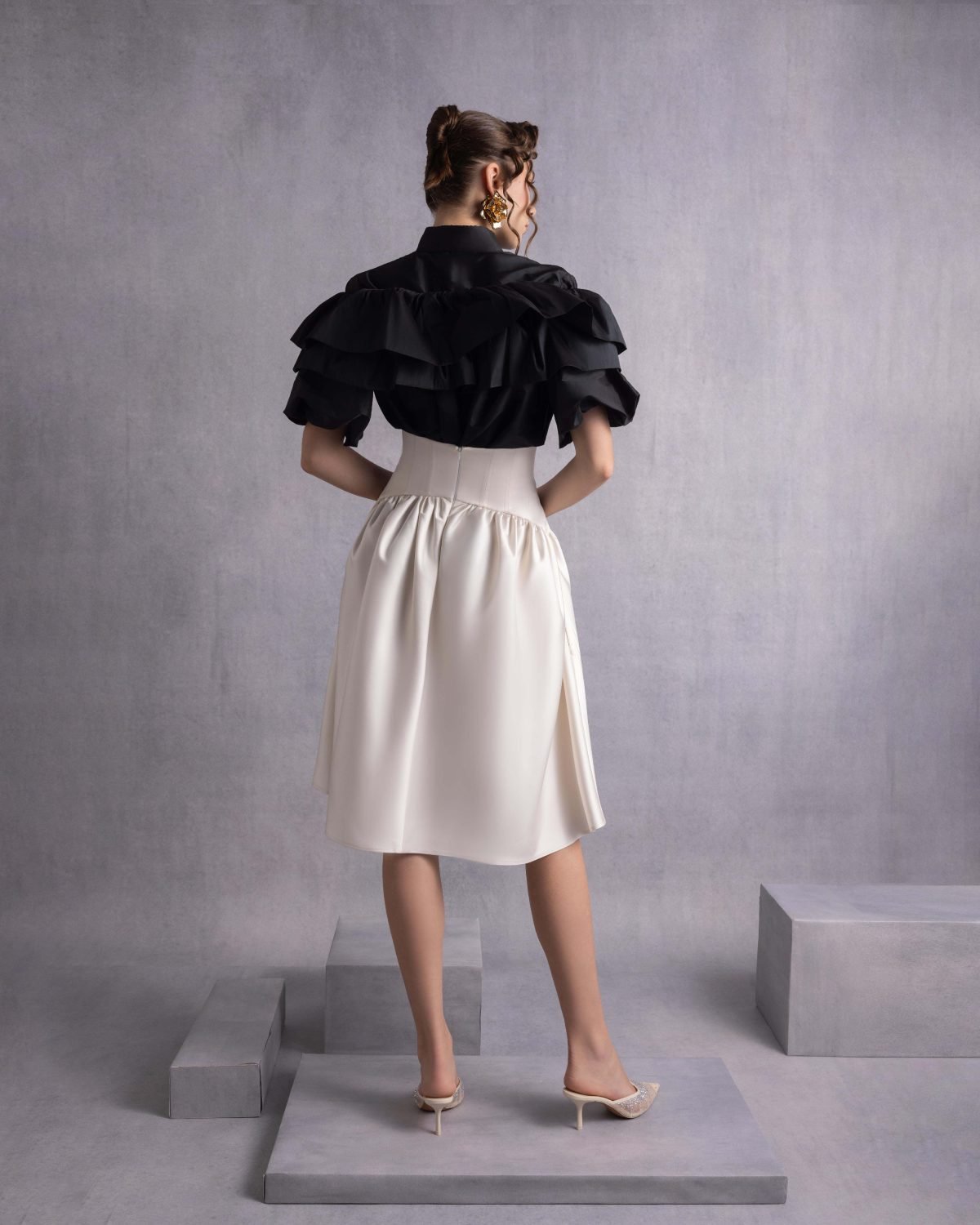 Cascading Ruffles Black Taffeta Top
