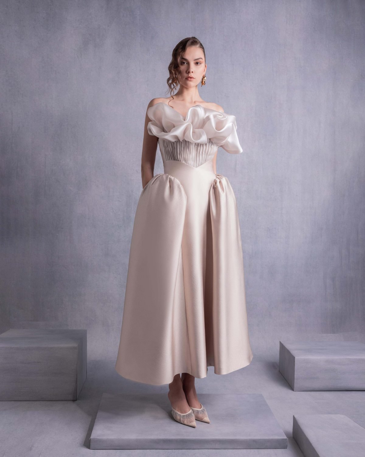 Pleated Organza Corset Top with Voluminous Neckline Manipulation