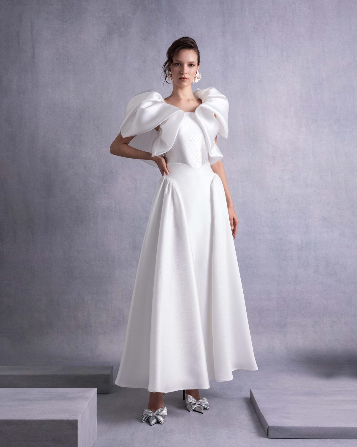 Crystal-Dotted Jersey Body with Petal-like Organza Shoulders