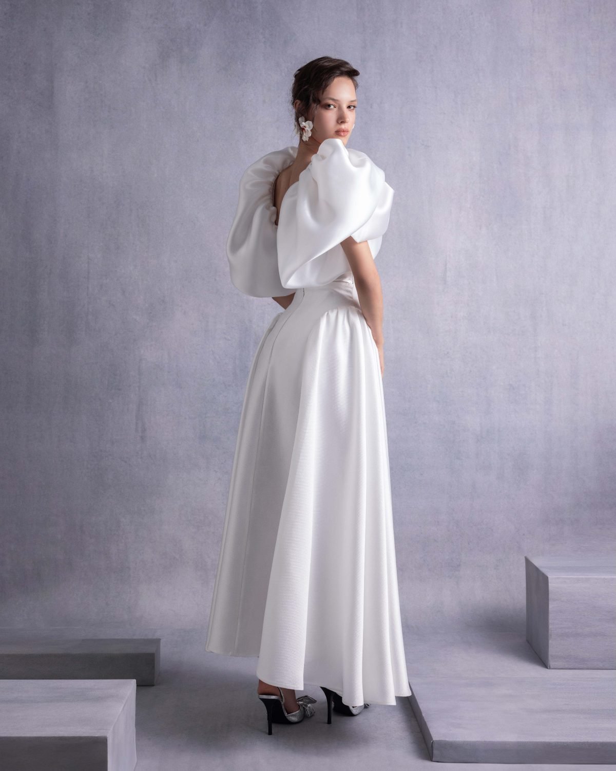 Crystal-Dotted Jersey Body with Petal-like Organza Shoulders